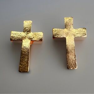 Aged Goldtone Textured Cross Pierced Earrings